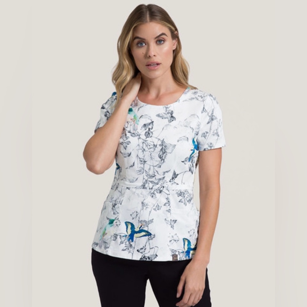 NWT JAANUU Hummingbird Floral Scrub Top S